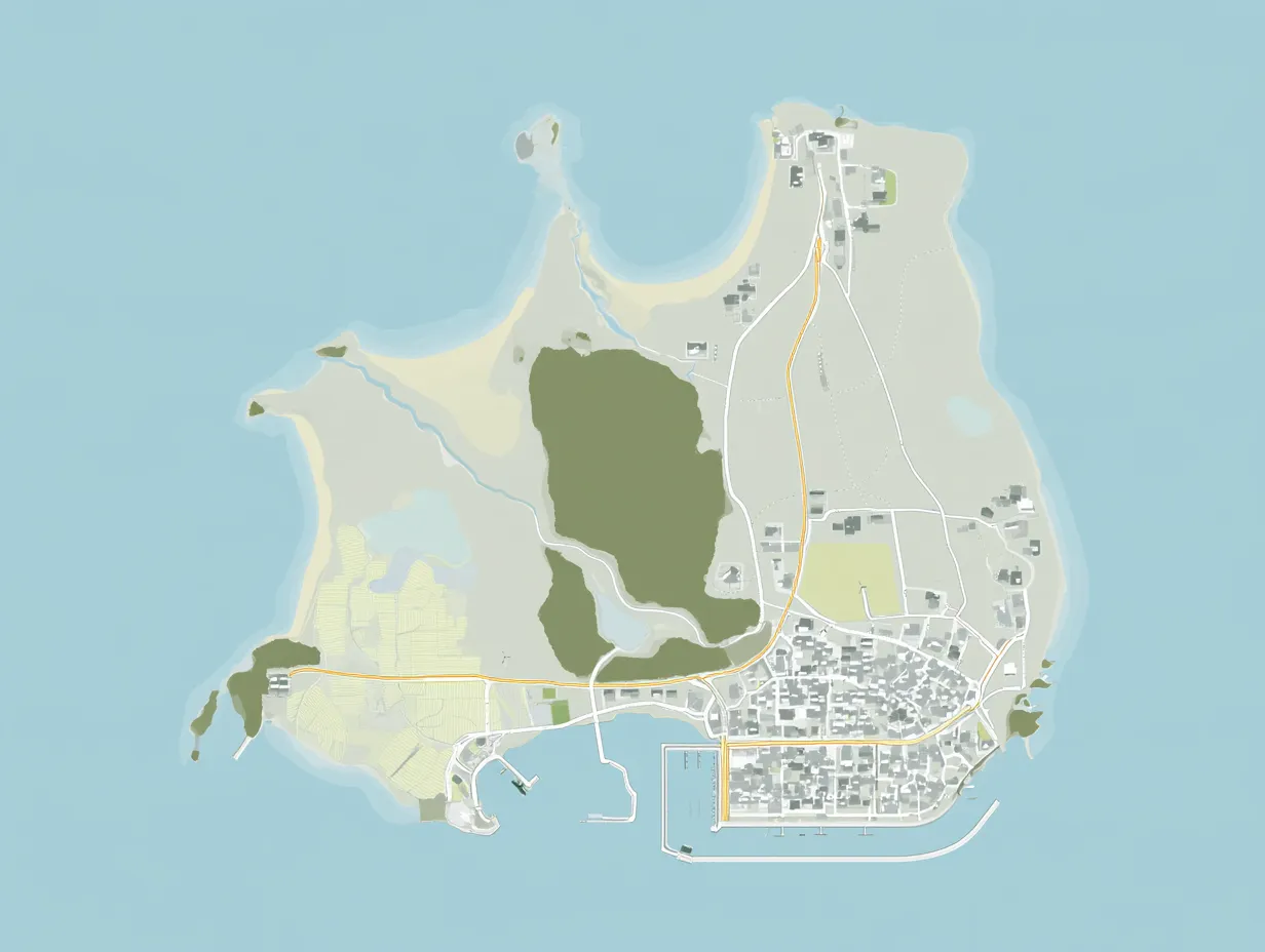 尼山原島の地図。掲載店舗の場所に番号を付けている。